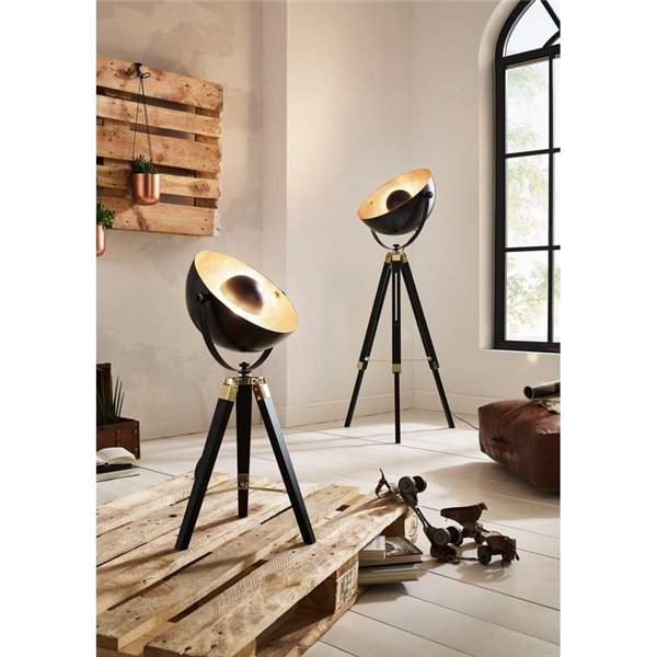 Lampe de table COVALEDA avec 3 pieds en bois noir et abat-jour en métal doré, E27