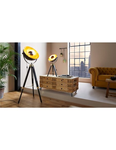 Lampe de table COVALEDA avec 3 pieds en bois noir et abat-jour en métal doré, E27