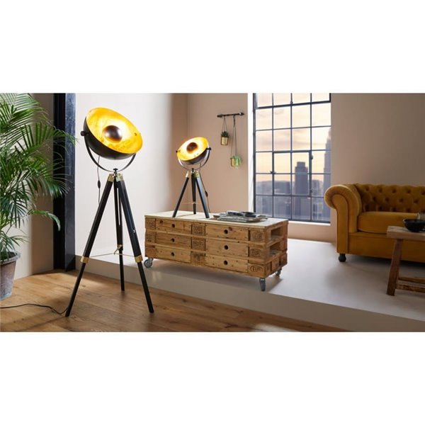 Lampe de table COVALEDA avec 3 pieds en bois noir et abat-jour en métal doré, E27