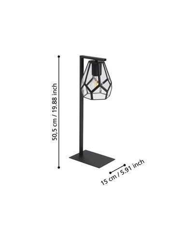 Lámpara de Sobremesa MARDYKE de pie metálico y pantalla en forma de rombo, negro y cristal, E27