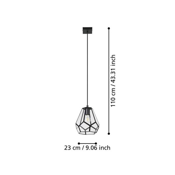 Lampe à suspension MARDYKE en forme de losange noir et verre, E27