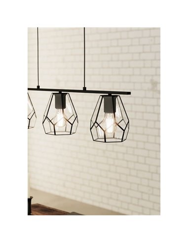 MARDYKE Suspension à 3 lumières, abat-jour en forme de losange noir et verre, E27, style industriel