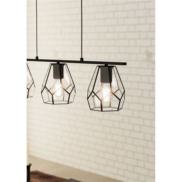 Lámpara Colgante con 3 luces MARDYKE, pantallas en forma de rombo negro y Cristal, E27, estilo Industrial