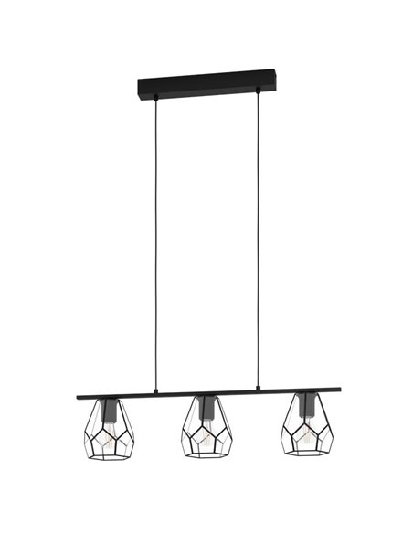 MARDYKE Suspension à 3 lumières, abat-jour en forme de losange noir et verre, E27, style industriel
