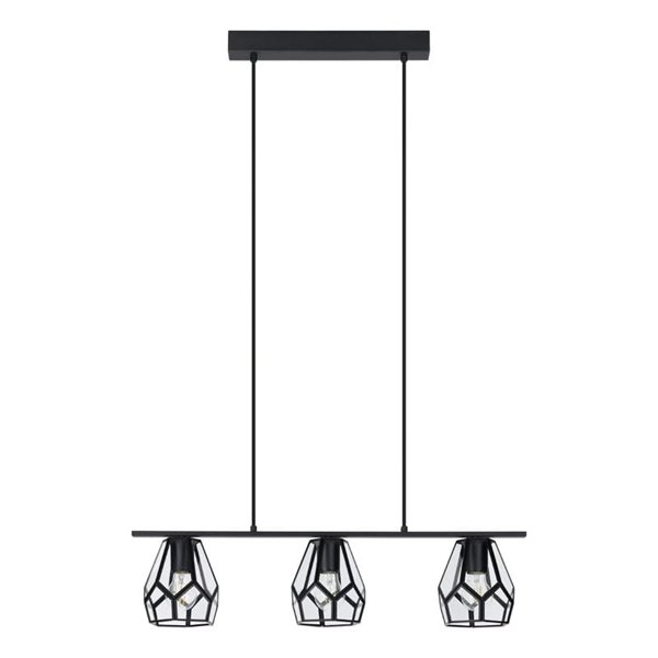 MARDYKE Suspension à 3 lumières, abat-jour en forme de losange noir et verre, E27, style industriel