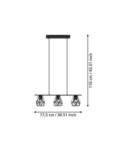 MARDYKE Suspension à 3 lumières, abat-jour en forme de losange noir et verre, E27, style industriel