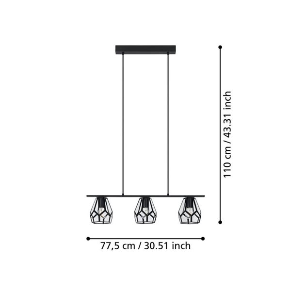MARDYKE Suspension à 3 lumières, abat-jour en forme de losange noir et verre, E27, style industriel