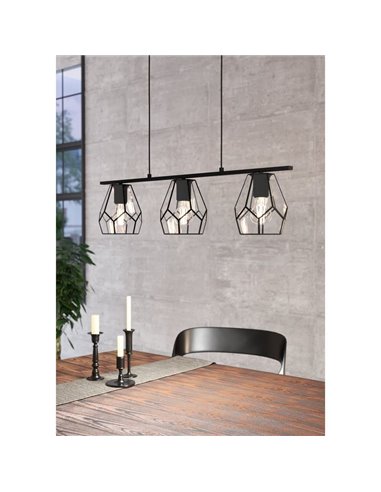 Lámpara Colgante con 3 luces MARDYKE, pantallas en forma de rombo negro y Cristal, E27, estilo Industrial