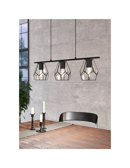 MARDYKE Suspension à 3 lumières, abat-jour en forme de losange noir et verre, E27, style industriel