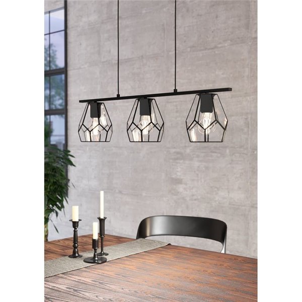 Lámpara Colgante con 3 luces MARDYKE, pantallas en forma de rombo negro y Cristal, E27, estilo Industrial