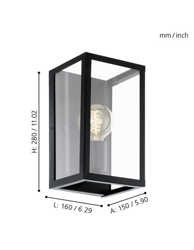 Aplique de Pared moderno CHARTERHOUSE rectangular en negro y cristal, E27
