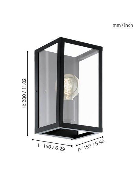 Aplique de Pared moderno CHARTERHOUSE rectangular en negro y cristal, E27