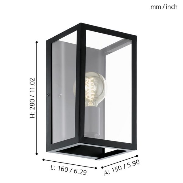 Aplique de Pared moderno CHARTERHOUSE rectangular en negro y cristal, E27