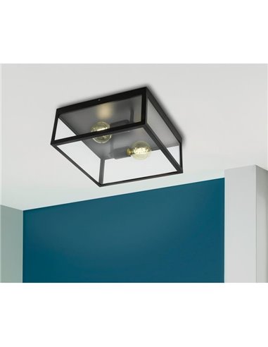 Plafón de techo moderno CHARTERHOUSE cuadrado de cristal, negro, 2xE27