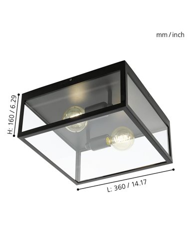 Plafón de techo moderno CHARTERHOUSE cuadrado de cristal, negro, 2xE27