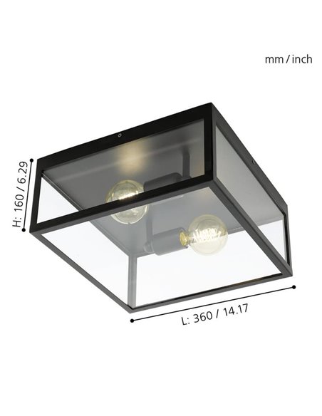 Plafón de techo moderno CHARTERHOUSE cuadrado de cristal, negro, 2xE27