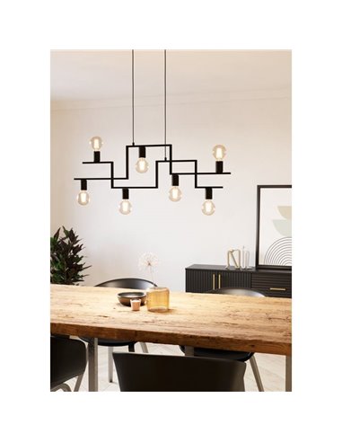 Luminária pendente com braços alternados com 7 luzes E27, FEMBARD, preta