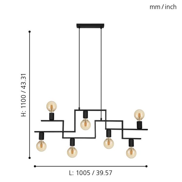 Lámpara Colgante con brazos alternos de 7 luces E27, FEMBARD, negro