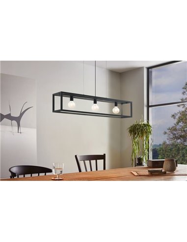 Lámpara Colgante rectangular negro, ELSWICK, 3 Luces E27, Estilo Moderno