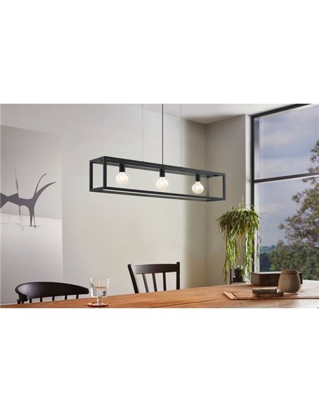Lámpara Colgante rectangular negro, ELSWICK, 3 Luces E27, Estilo Moderno