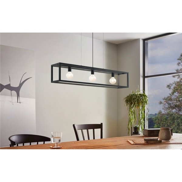 Lámpara Colgante rectangular negro, ELSWICK, 3 Luces E27, Estilo Moderno