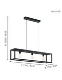 Lámpara Colgante rectangular negro, ELSWICK, 3 Luces E27, Estilo Moderno