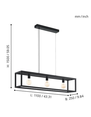Lámpara Colgante rectangular negro, ELSWICK, 3 Luces E27, Estilo Moderno