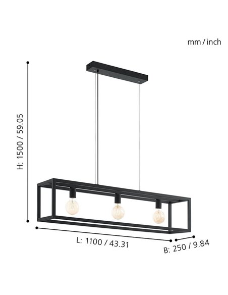 Lámpara Colgante rectangular negro, ELSWICK, 3 Luces E27, Estilo Moderno