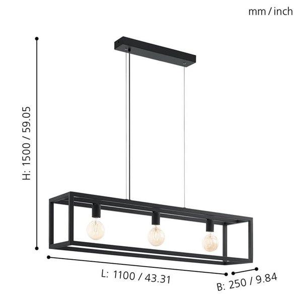 Lámpara Colgante rectangular negro, ELSWICK, 3 Luces E27, Estilo Moderno