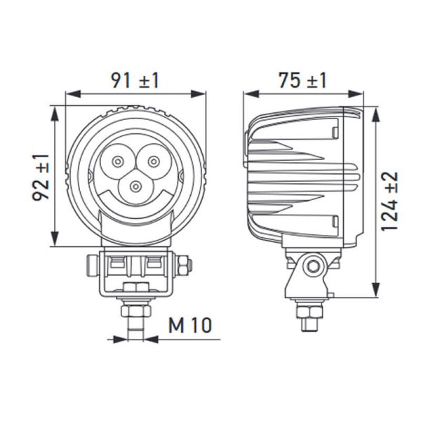 Medidas Faro de Trabajo LED redondo HELLA R2100 2.0 con luz de posición Blanca/Ambar | 12V | 2300lm | Luz de Posición | IP67