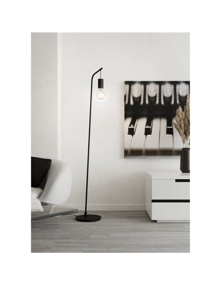 Lampadaire CRANLEY noir avec pied en filigrane pour accrocher une grosse ampoule E27, style minimaliste
