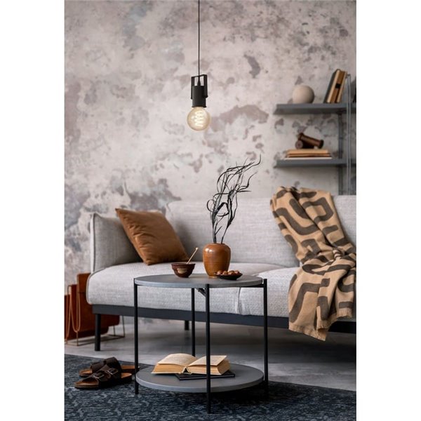 Lampe à suspension CALARI en métal noir et câble textile, avec douille cylindrique, E27