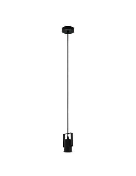 Lampe à suspension CALARI en métal noir et câble textile, avec douille cylindrique, E27