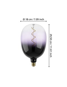 Bombilla LED de gran tamaño decorativa T180 regulable, morado y negro 4W 2700K E27, de filamento en espiral 2
