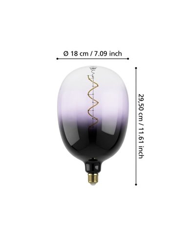 Bombilla LED de gran tamaño decorativa T180 regulable, morado y negro 4W 2700K E27, de filamento en espiral
