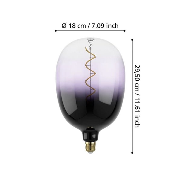 Bombilla LED de gran tamaño decorativa T180 regulable, morado y negro 4W 2700K E27, de filamento en espiral