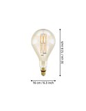 Bombilla LED big size regulable decorativa PS160, Ámbar 8W 2100K E27, de filamento