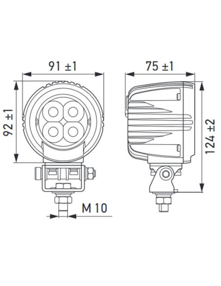 Medidas Faro de Trabajo LED redondo HELLA R2100 con optica campo ancho 12V-24V 2100lm IP67 1G0 357 109-101 Hella