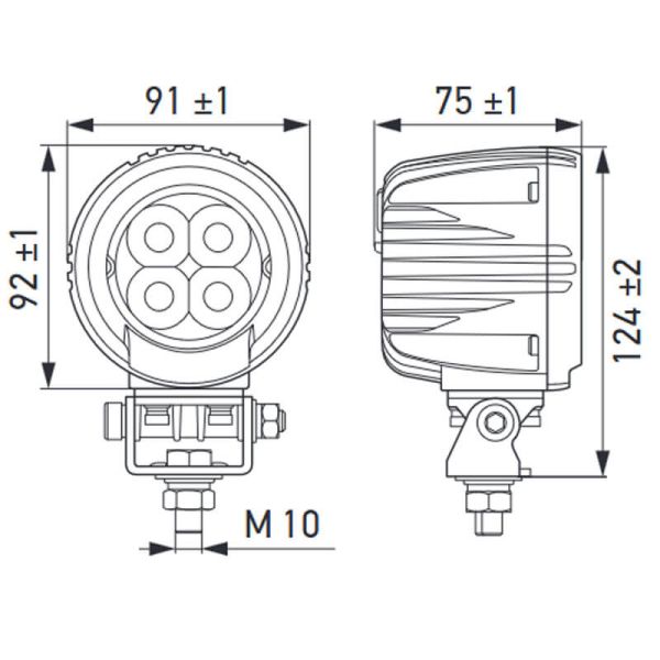 Medidas Faro de Trabajo LED redondo HELLA R2100 con optica campo ancho 12V-24V 2100lm IP67 1G0 357 109-101 Hella