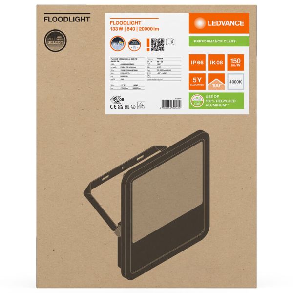 Projecteur LED noir extérieur 133W - 200 - 20 000Lm IP66 Projecteur Ledvance Gen4 200 FL 200 P 133W 20KLM 4000K