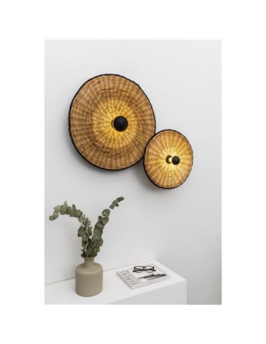 Aplique de pared con base negra corta de ratán COSTAS, grande, E27 ø600*70mm