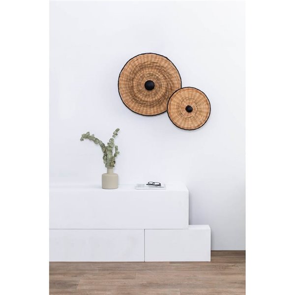 Aplique de pared con base negra corta de ratán COSTAS, grande, E27 ø600*70mm