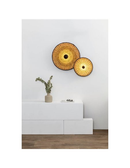 Aplique de pared con base negra corta de ratán COSTAS, grande, E27 ø600*70mm