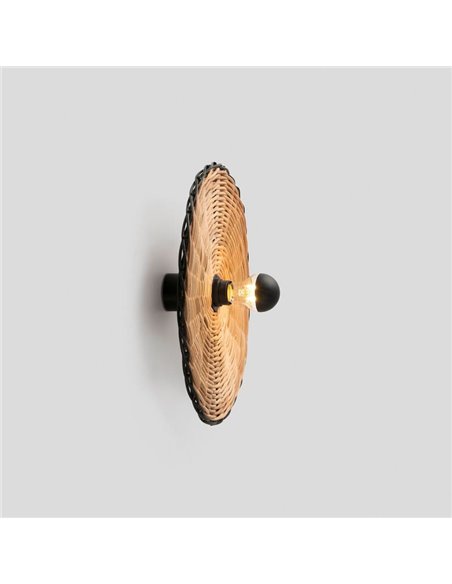 Aplique de pared con base corta negro de ratán COSTAS, pequeño, E27 ø400*70mm
