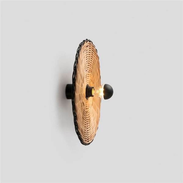 Aplique de pared con base corta negro de ratán COSTAS, pequeño, E27 ø400*70mm