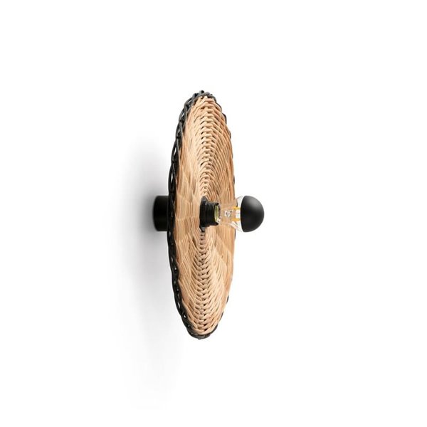 Aplique de pared con base corta negro de ratán COSTAS, pequeño, E27 ø400*70mm