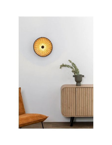 Aplique de pared con base corta negro de ratán COSTAS, pequeño, E27 ø400*70mm