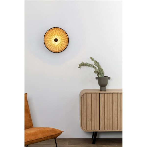 Aplique de pared con base corta negro de ratán COSTAS, pequeño, E27 ø400*70mm