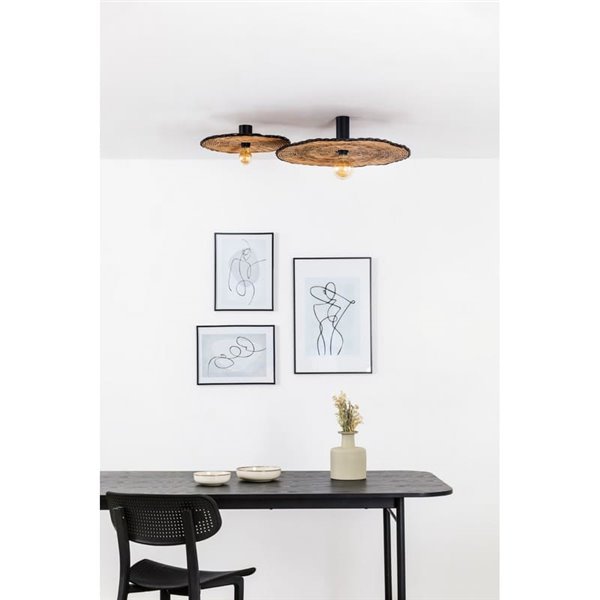 Aplique de pared con base corta negro de ratán COSTAS, pequeño, E27 ø400*70mm
