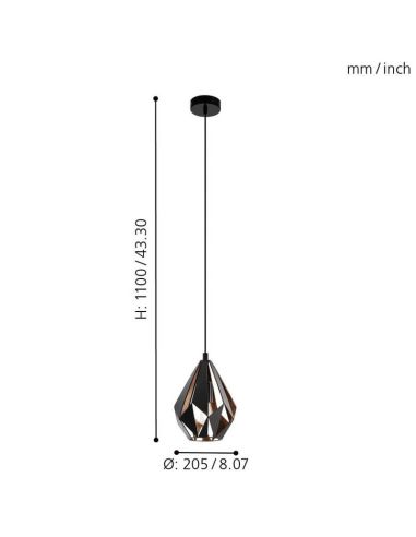 Medidas Lámpara Colgante CARLTON 1 de Metal Negro y Cobre | Diseño Vintage Moderno Ø 20,5Cm Eglo